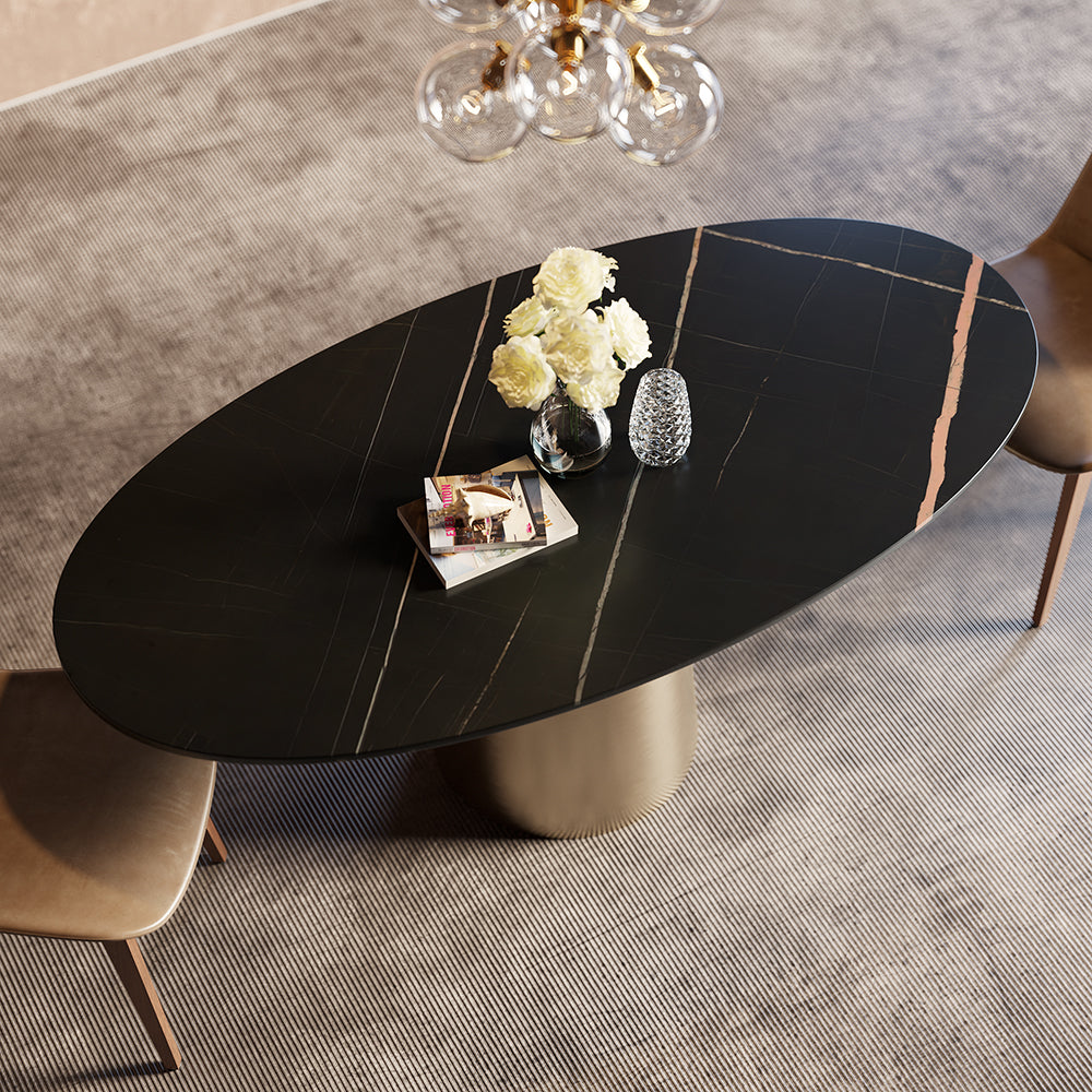 63" Modern Oval Stone Dining Table with Bronze Carbon Steel Base