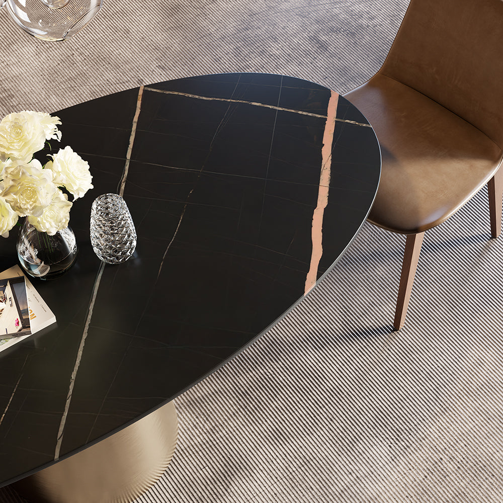 63" Modern Oval Stone Dining Table with Bronze Carbon Steel Base