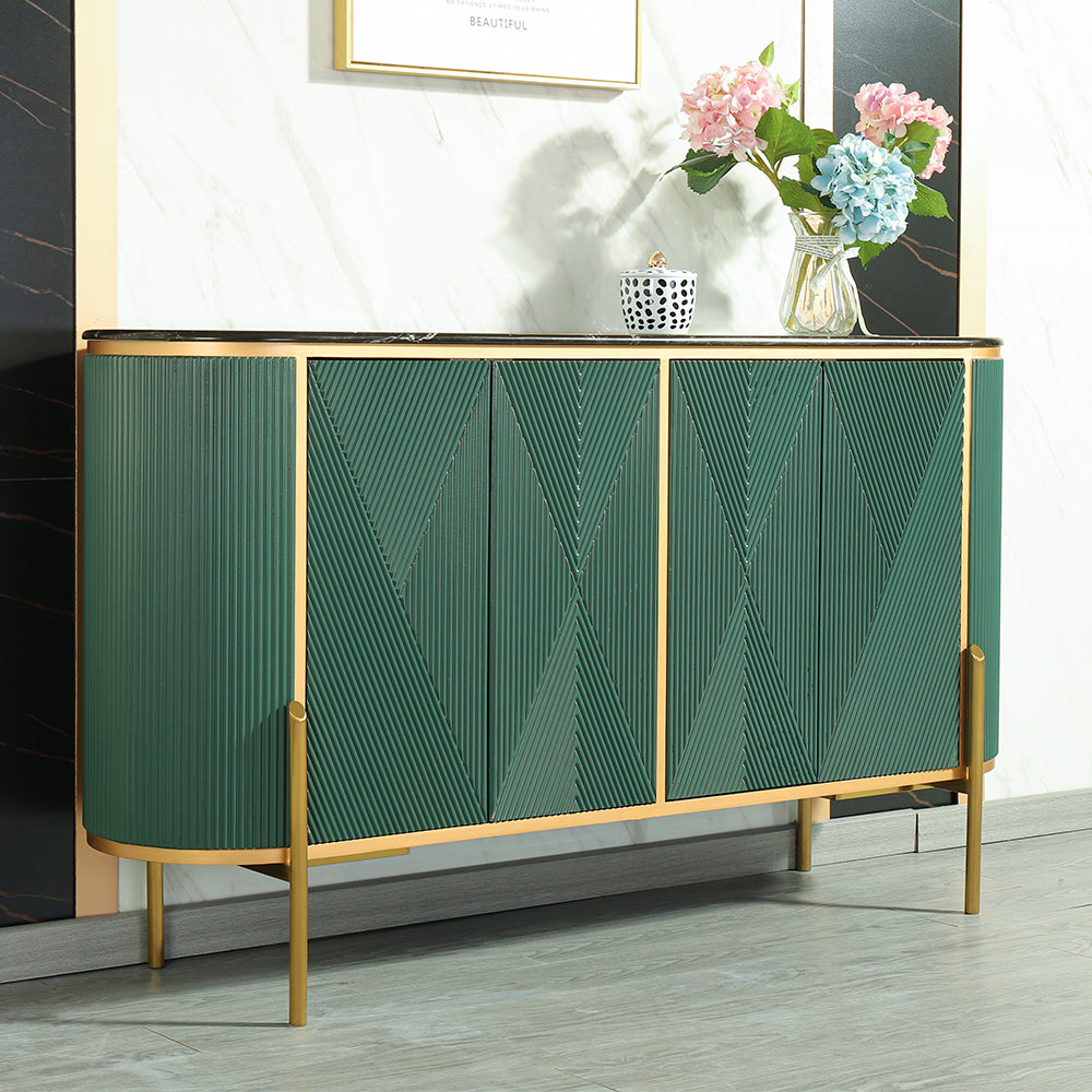 Green Sideboard Buffet Oval Faux Marble Top 59" Sideboard Cabinet 4 Doors & Shelves
