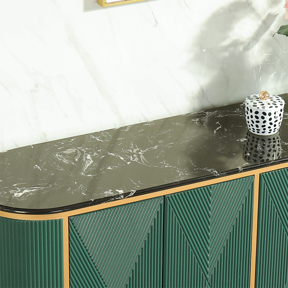 Green Sideboard Buffet Oval Faux Marble Top 59" Sideboard Cabinet 4 Doors & Shelves