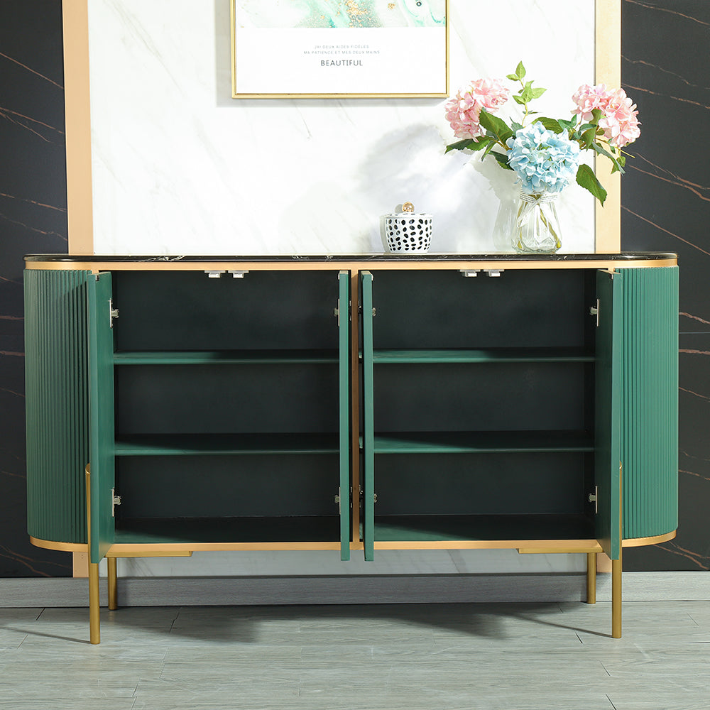 Green Sideboard Buffet Oval Faux Marble Top 59" Sideboard Cabinet 4 Doors & Shelves