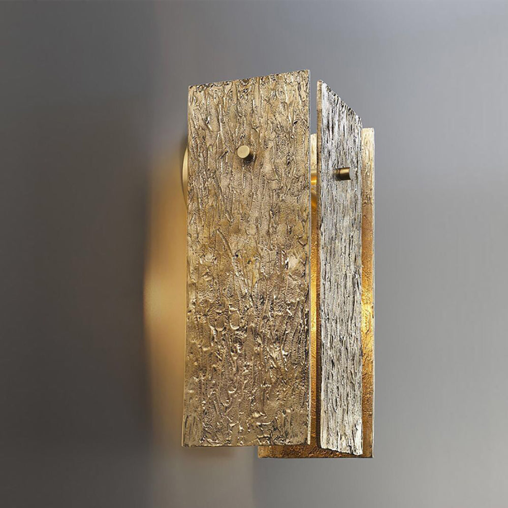 1-Light Rectangular Wall Sconce with Bark Texture in Brass