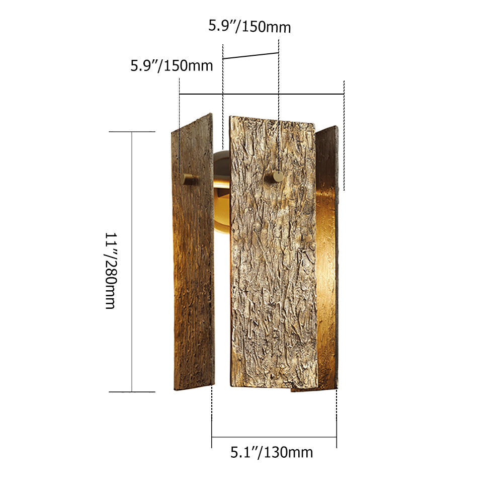 1-Light Rectangular Wall Sconce with Bark Texture in Brass