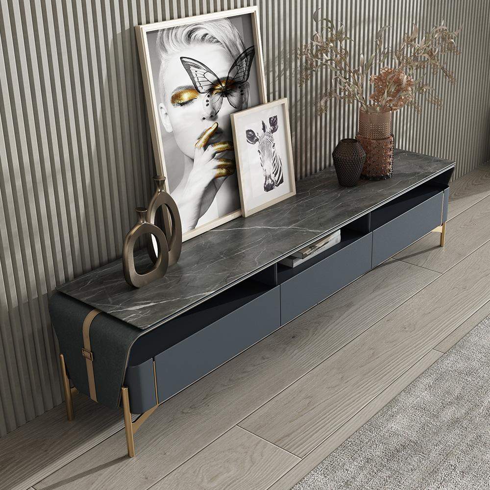 78.7" Stone Top & Leather Upholstered TV Stand Media Console with 3 Drawers-Richsoul-Furniture,Living Room Furniture,TV Stands