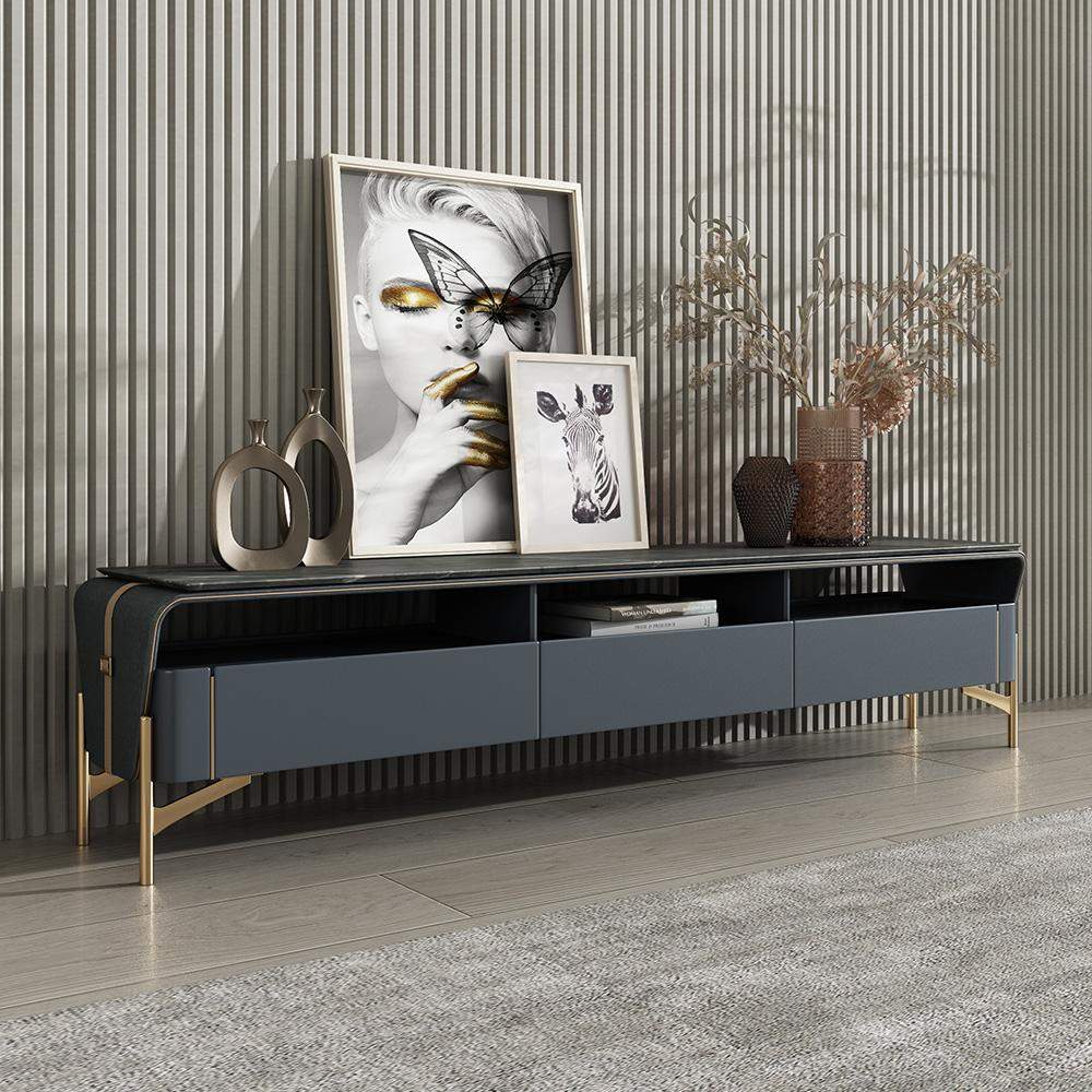 78.7" Stone Top & Leather Upholstered TV Stand Media Console with 3 Drawers-Richsoul-Furniture,Living Room Furniture,TV Stands