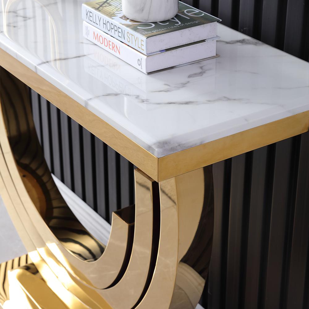 59.1" Gold & Black Marble Console Table Narrow Rectangular Entryway Table