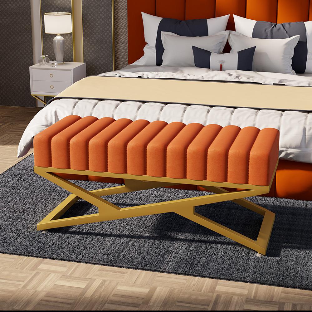 Modern Entryway Bench Gray Velvet Upholstered Ottoman Bench in Gold