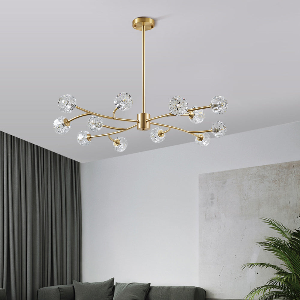 Modern Brass 12-Light Branching Crystal Chandelier for Living Room and Dining Room