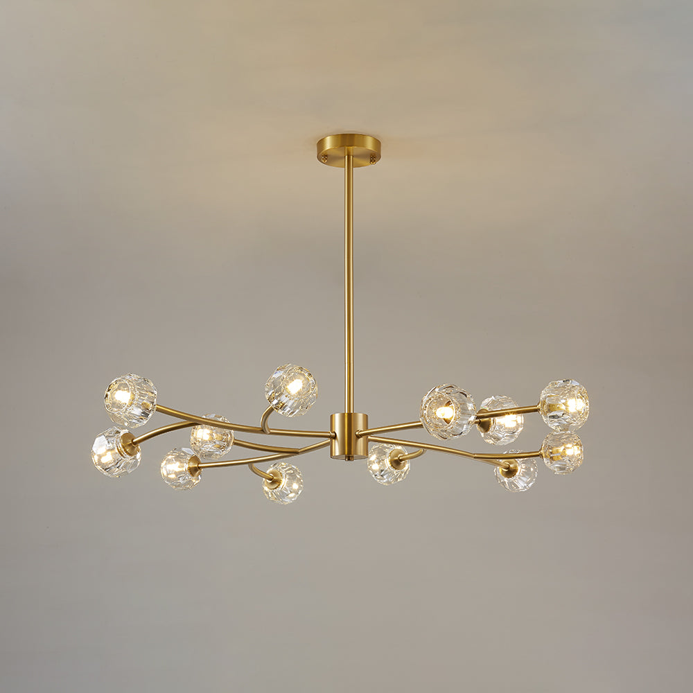 Modern Brass 12-Light Branching Crystal Chandelier for Living Room and Dining Room