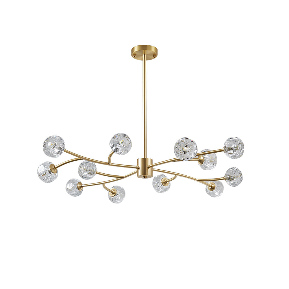 Modern Brass 12-Light Branching Crystal Chandelier for Living Room and Dining Room