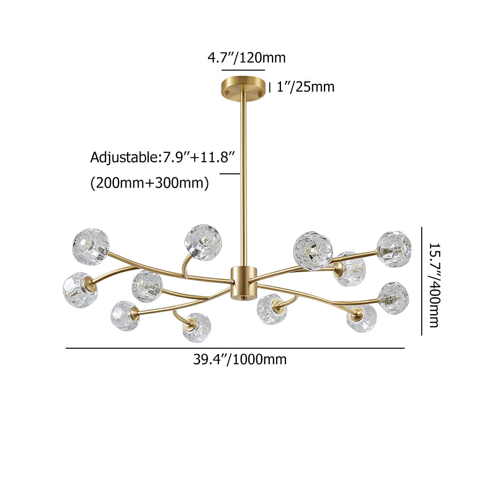 Modern Brass 12-Light Branching Crystal Chandelier for Living Room and Dining Room