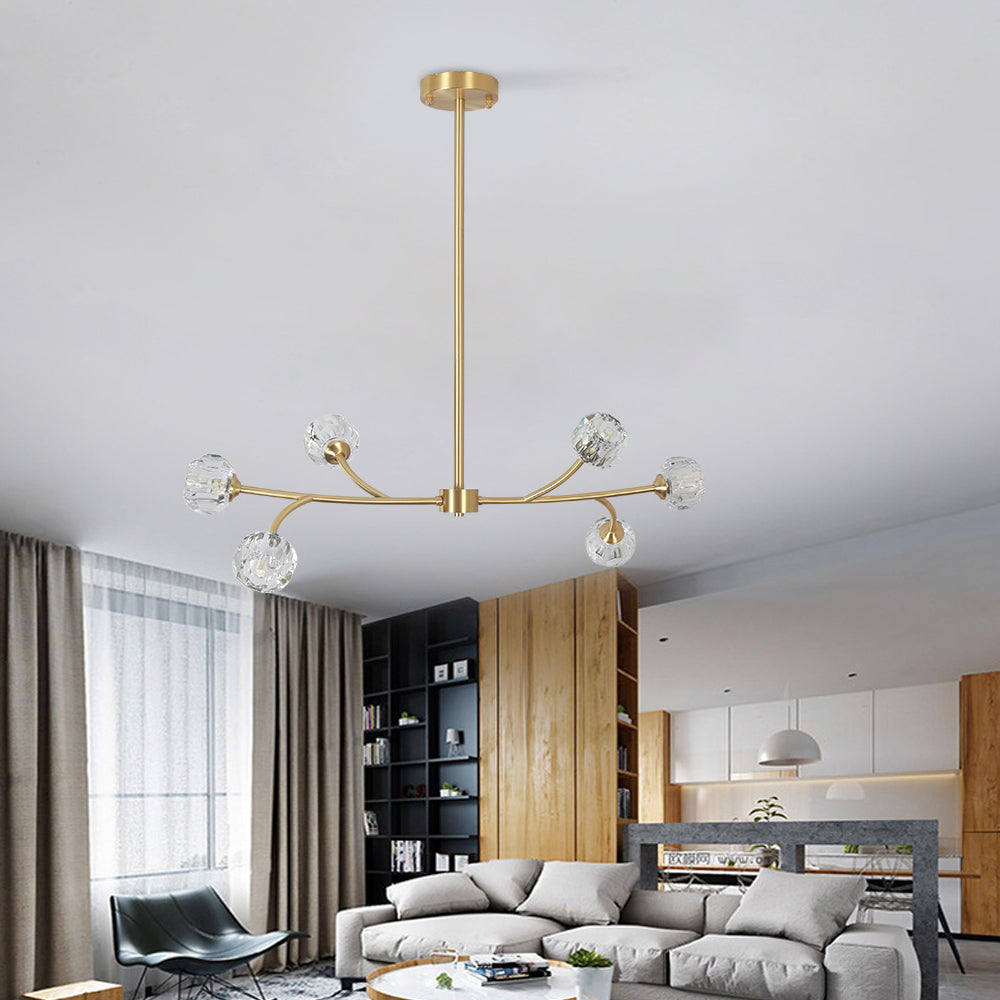 Modern Brass 12-Light Branching Crystal Chandelier for Living Room and Dining Room