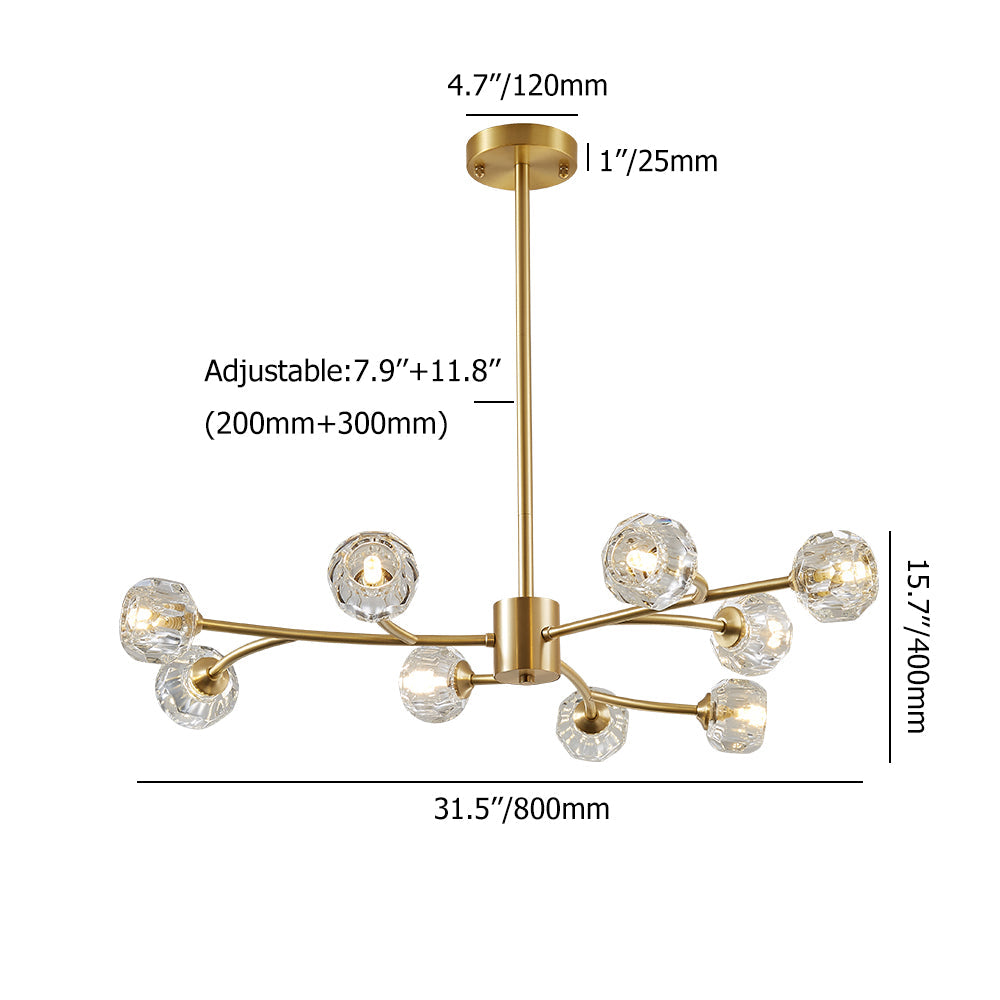Modern Brass 12-Light Branching Crystal Chandelier for Living Room and Dining Room