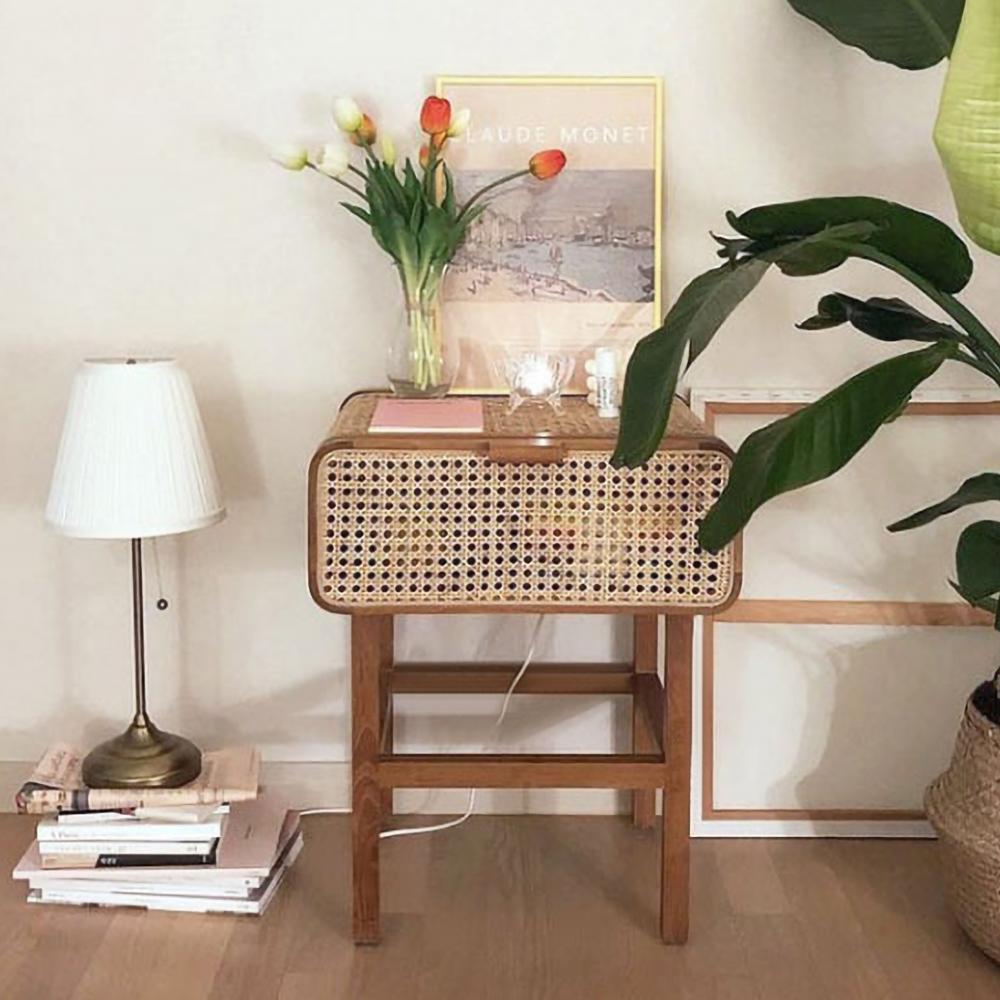 Wooden Walnut Nightstand Rattan Drawer for Bedroom Living Room Storage Bedside Table