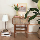 Wooden Walnut Nightstand Rattan Drawer for Bedroom Living Room Storage Bedside Table
