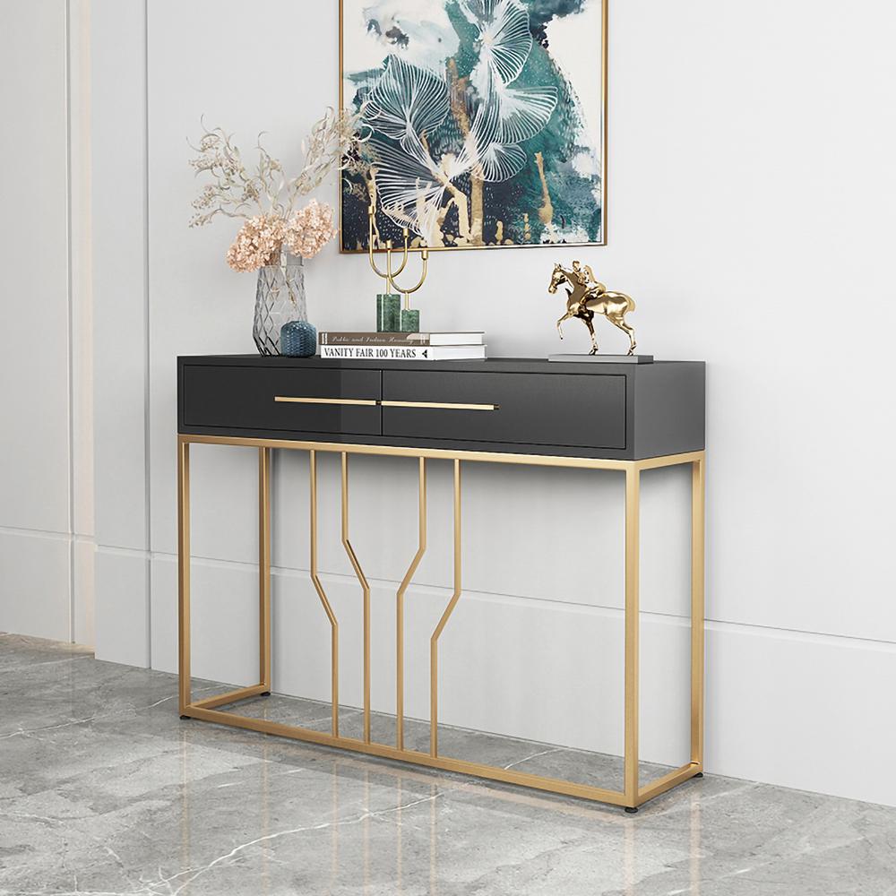 Narrow Console Table with Drawers Wood Top in White