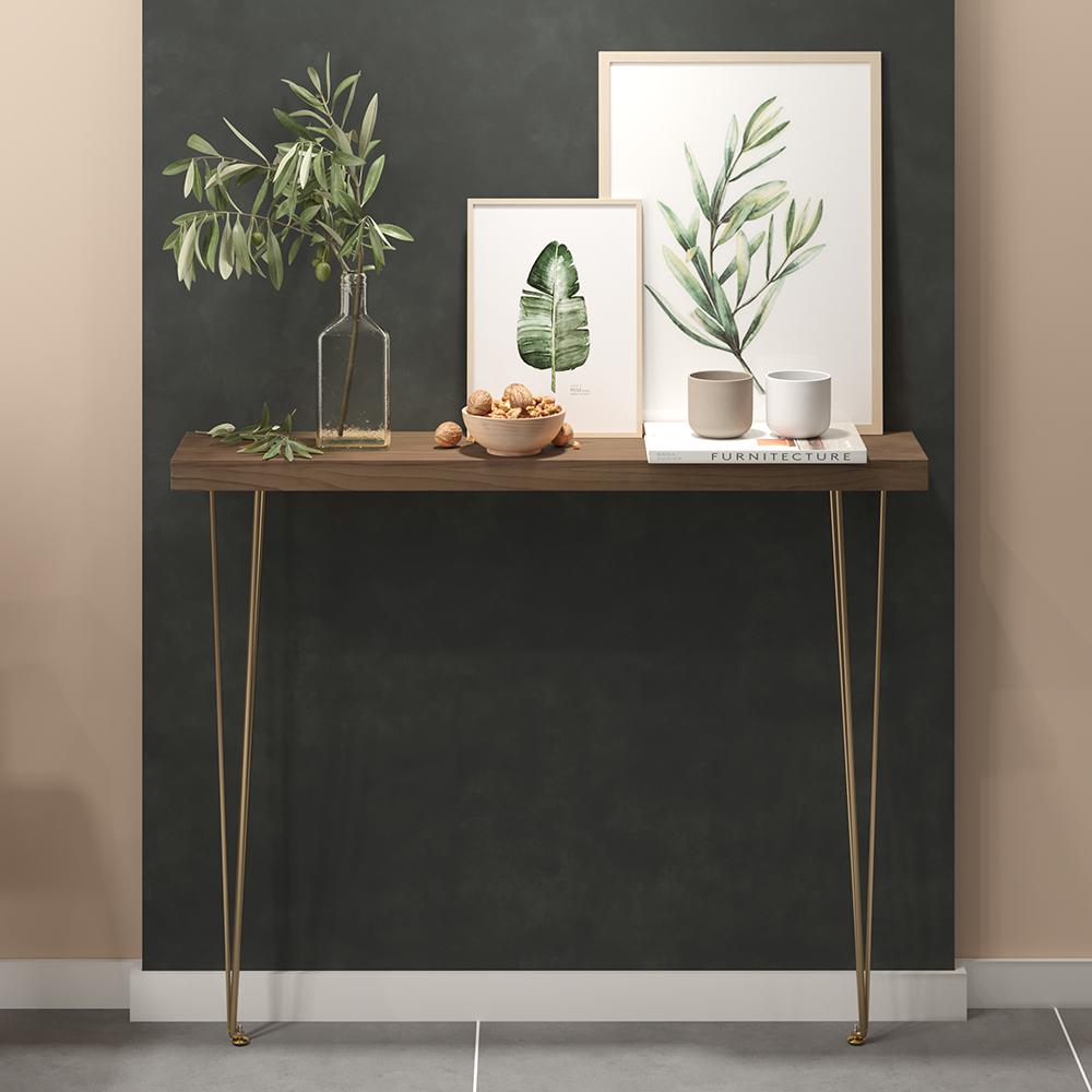 39" Modern Walnut Narrow Rectangular Console Table with Wooden Top Metal Legs