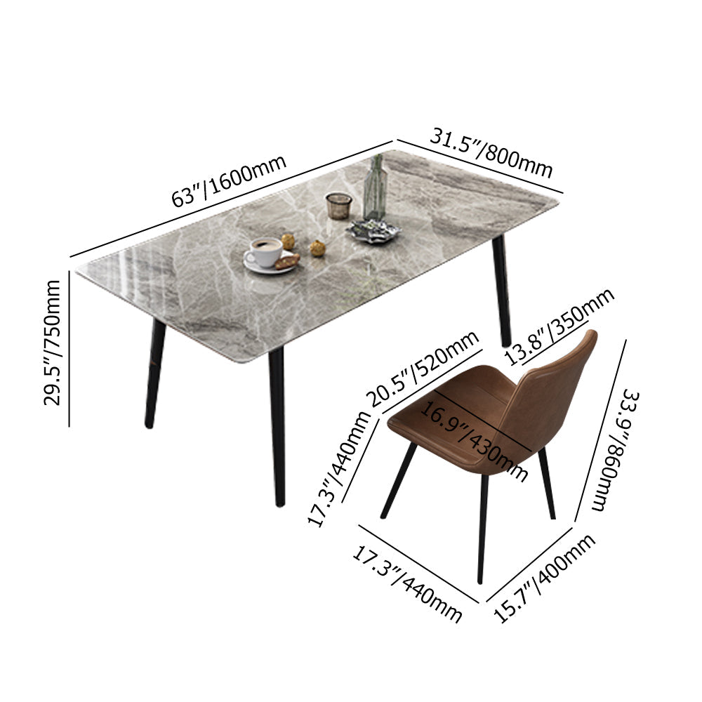 63" 5 Piece Rectangle Dining Table Set with Stone Top 4 Chairs in Gray & Black