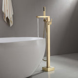 Dree Brushed Gold Freestanding Tub Filler Floor Mount Bathtub Faucet with Hand Shower