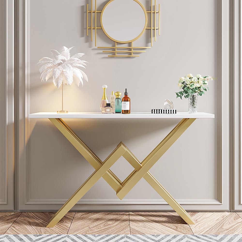 Black & Gold Narrow Console Table Accent Table For Entryway X Base Metal in Small