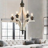 Retro Reclaimed Distressed White Wood & Black Metal 6-Light Chandelier with Candle Light