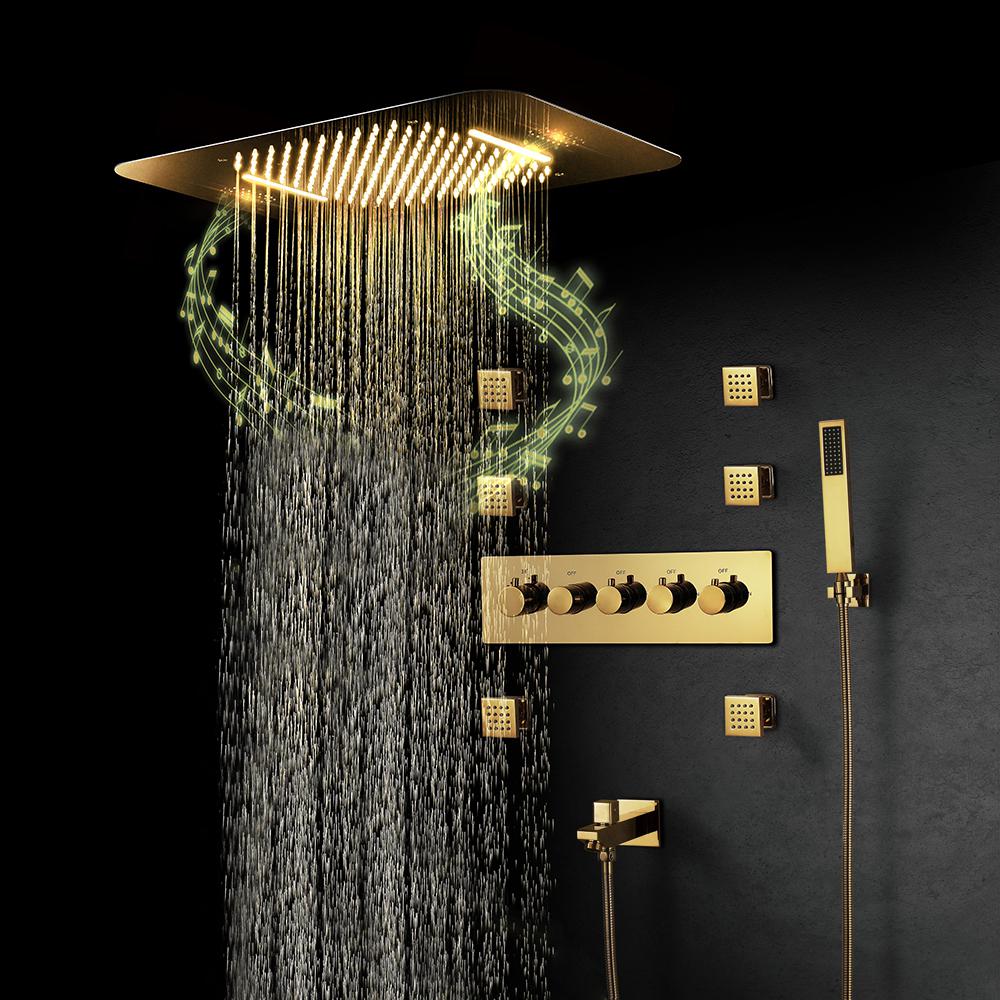 Wall-Mounted 23" Thermostatic Shower System in Gold 4 Functions