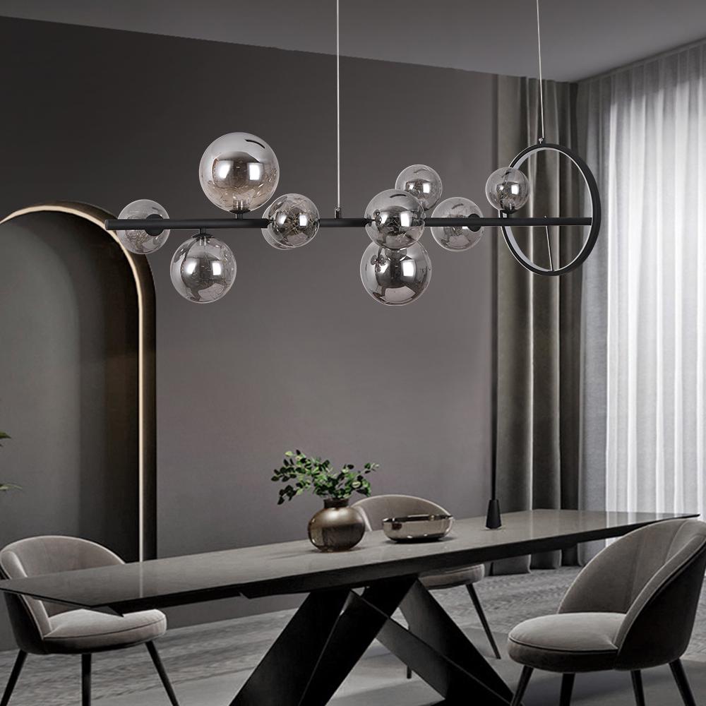 Modern 7-Light Black Kitchen Island Light with Glass Globe Shade Ceiling Pendant Lights