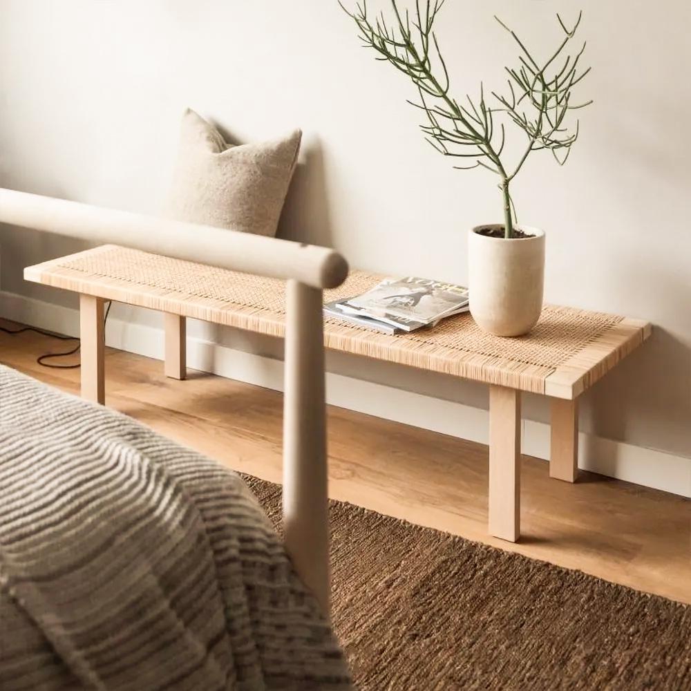 Farmhouse Innovative Woven Rattan Entryway Bench in Natural
