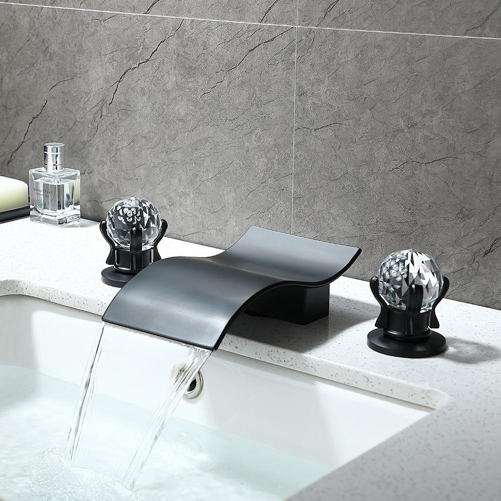 Deck Mount Widespread Waterfall 2 Crystal Handle Bathroom Sink Faucet in Brushed Gold
