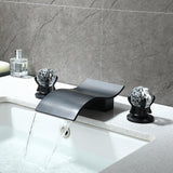 Deck Mount Widespread Waterfall 2 Crystal Handle Bathroom Sink Faucet in Brushed Gold