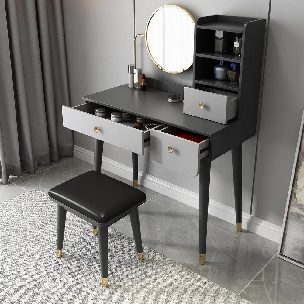 2 Pieces Minimalist Makeup Vanity Set in Walnut with Mirror & Stool