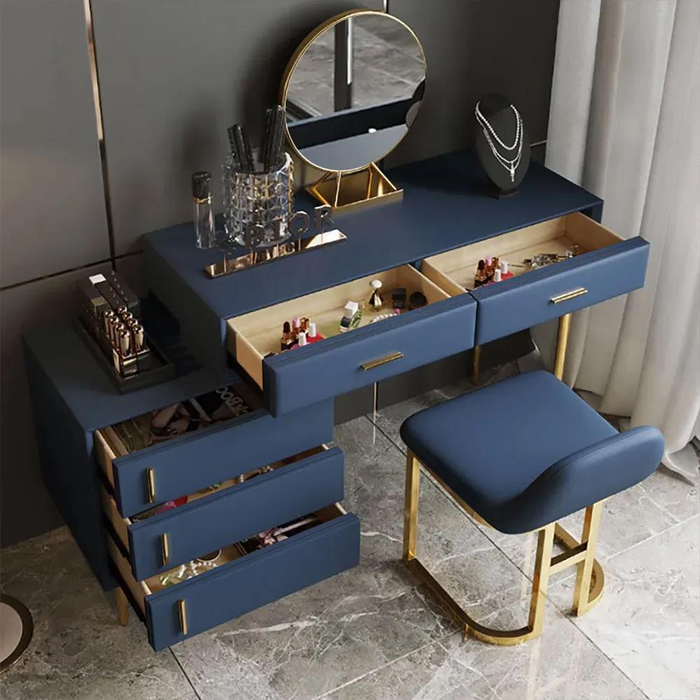 Modern Blue Makeup Vanity Set Retracted Dressing Table Cabinet&Stool&Mirror Included
