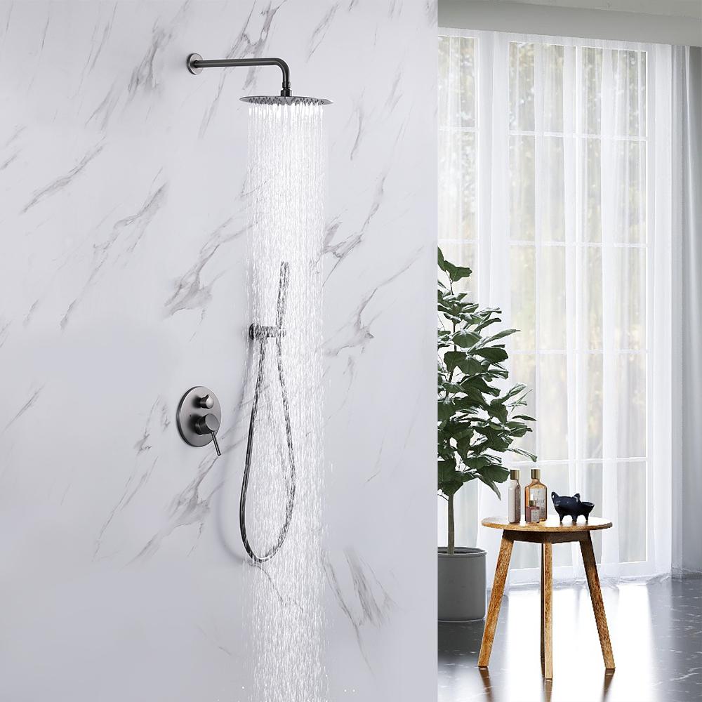 Brushed Gold 10" Round Rainfall Shower Head Wall Mounted Rain Shower System with Handheld Shower Solid Brass