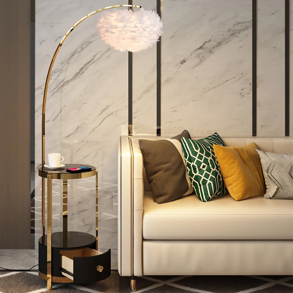 Feather Floor Lamp with Shelves & Drawer Arched Floor Lamp With End Table