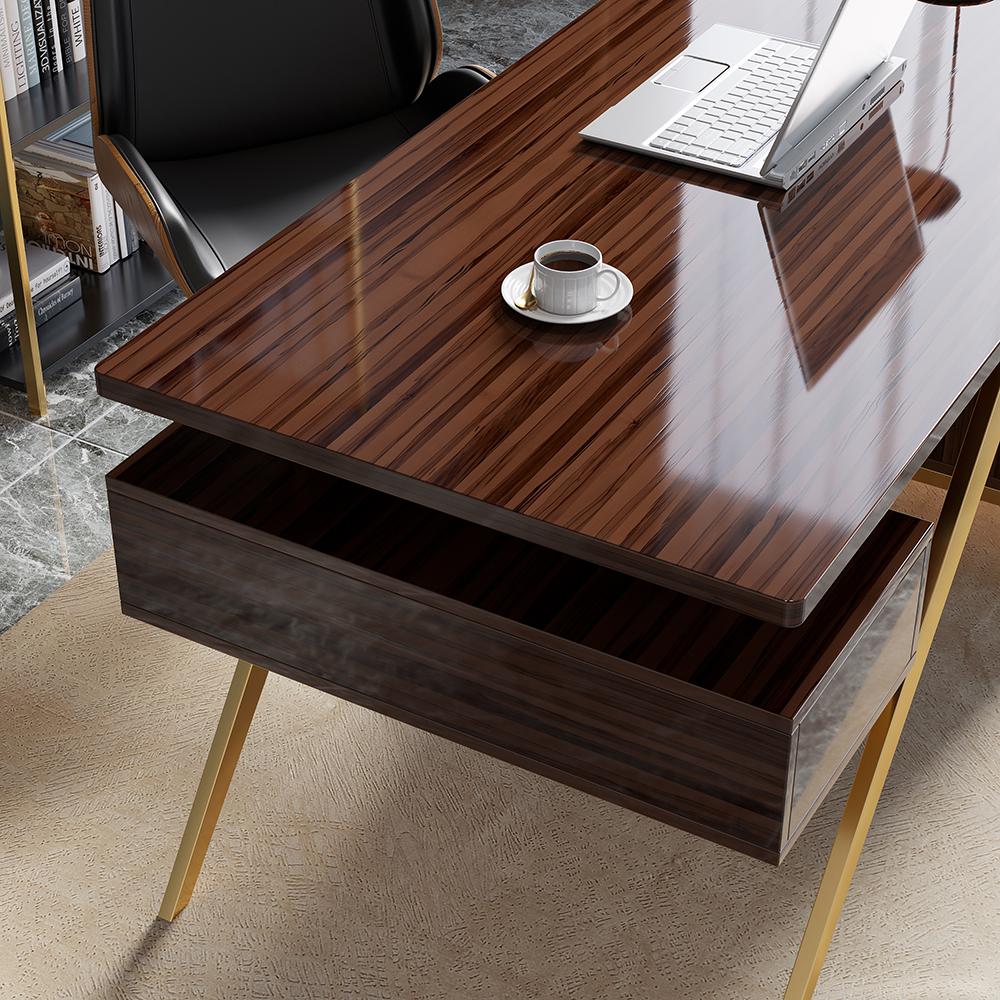 55" Ultra Modern White and Gold Computer Writing Desk with Storage & Drawer
