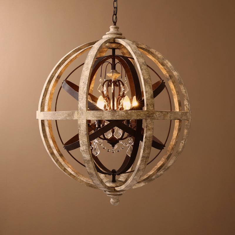 5-Light Retro Globe Weathered Wood Chandelier with Crystal Accents