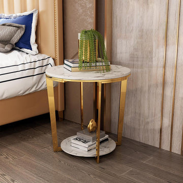 Gold Faux Marble Round End Table with Storage Shelf for Living Room