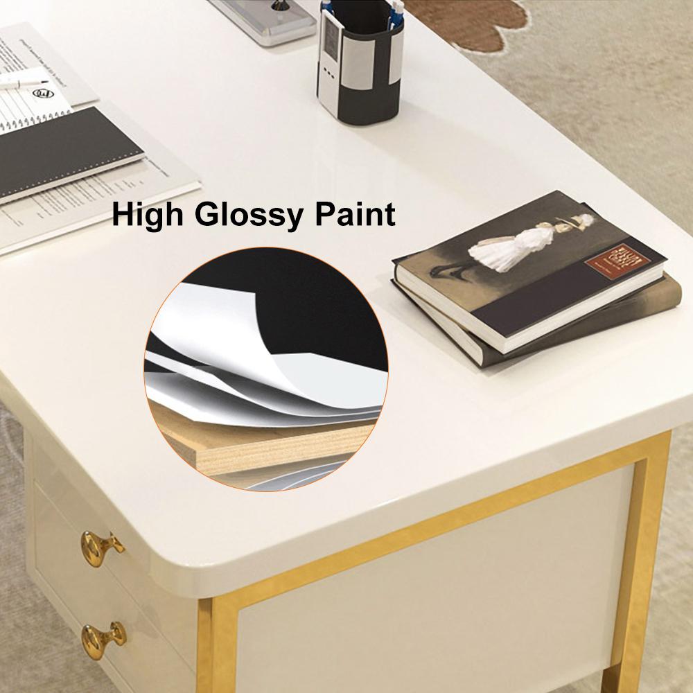 71" White Writing Desk Modern Computer Desk with 2-Drawer in Gold