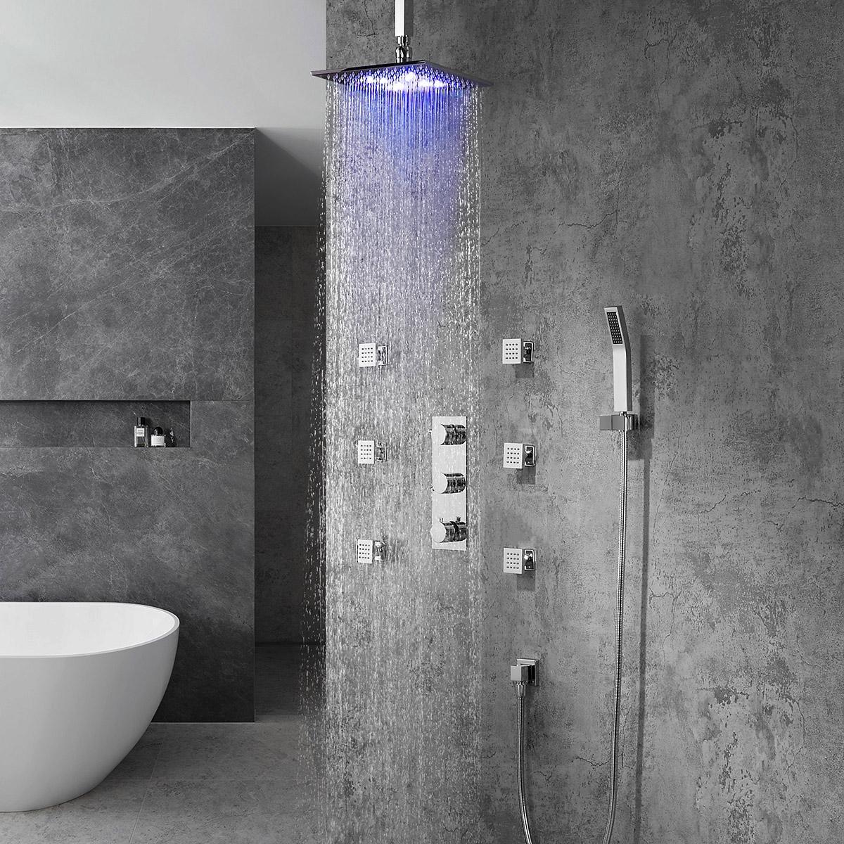 Modern Ceiling Mounted LED 12" Rain Shower System with Handheld Shower & 6 Body Sprays