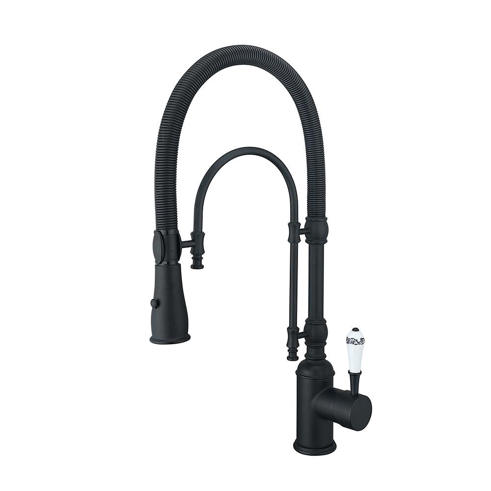High Arc Dual-Mode Pull-Down Kitchen Faucet Solid Brass with Porcelain Handle