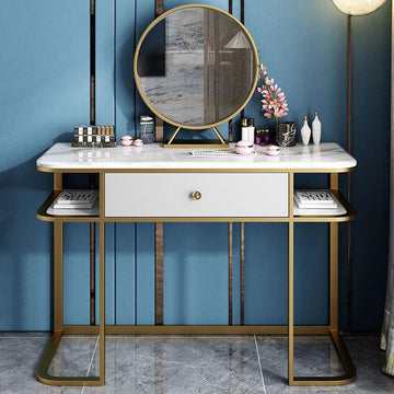 Faux Marble Tabletop Dressing Makeup Table with Mirror & Drawer Chair Included Metal Base in Gold Small