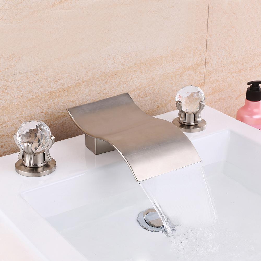 Deck Mount Widespread Waterfall 2 Crystal Handle Bathroom Sink Faucet in Brushed Gold