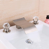 Deck Mount Widespread Waterfall 2 Crystal Handle Bathroom Sink Faucet in Brushed Gold