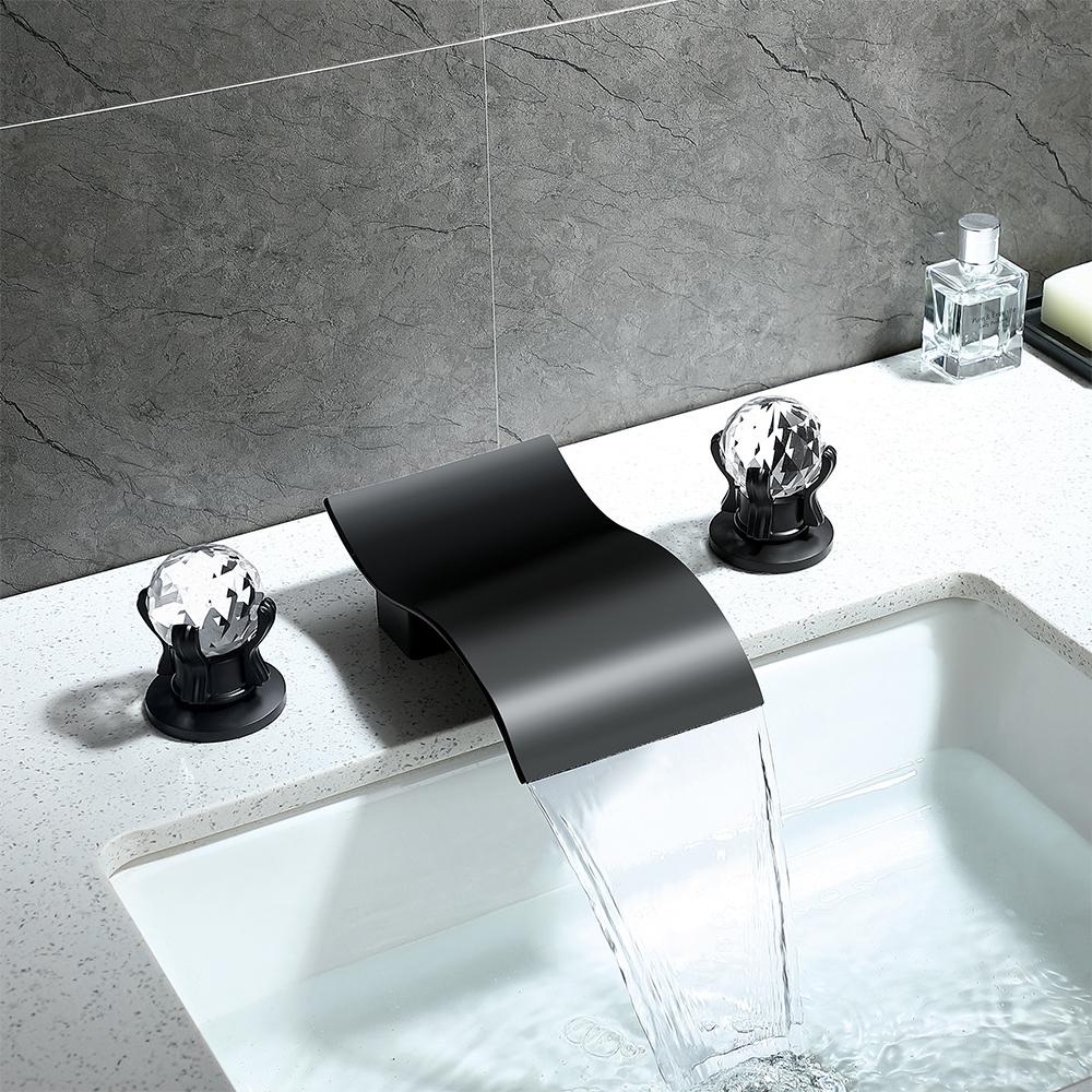 Deck Mount Widespread Waterfall 2 Crystal Handle Bathroom Sink Faucet in Brushed Gold