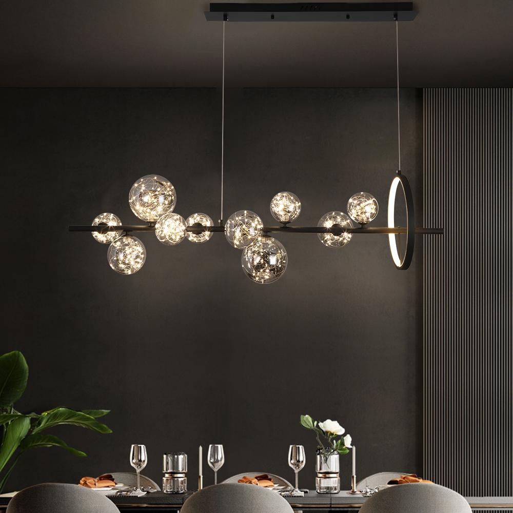 Modern 7-Light Black Kitchen Island Light with Glass Globe Shade Ceiling Pendant Lights