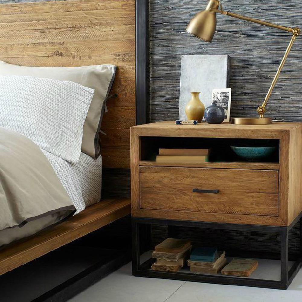 Industrial Nightstand Walnut Pine Wood Bedside Table with 1 Drawer in Black