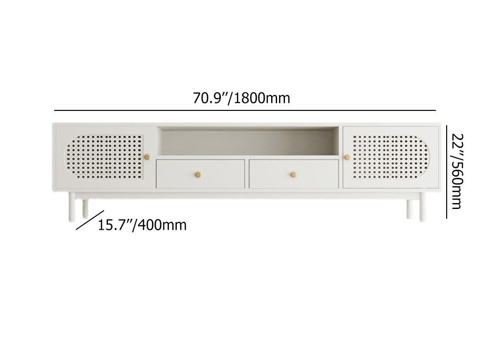Farmhouse Rattan Wood TV Stand with 2 Drawers & Doors in Off White for TV up to 80"