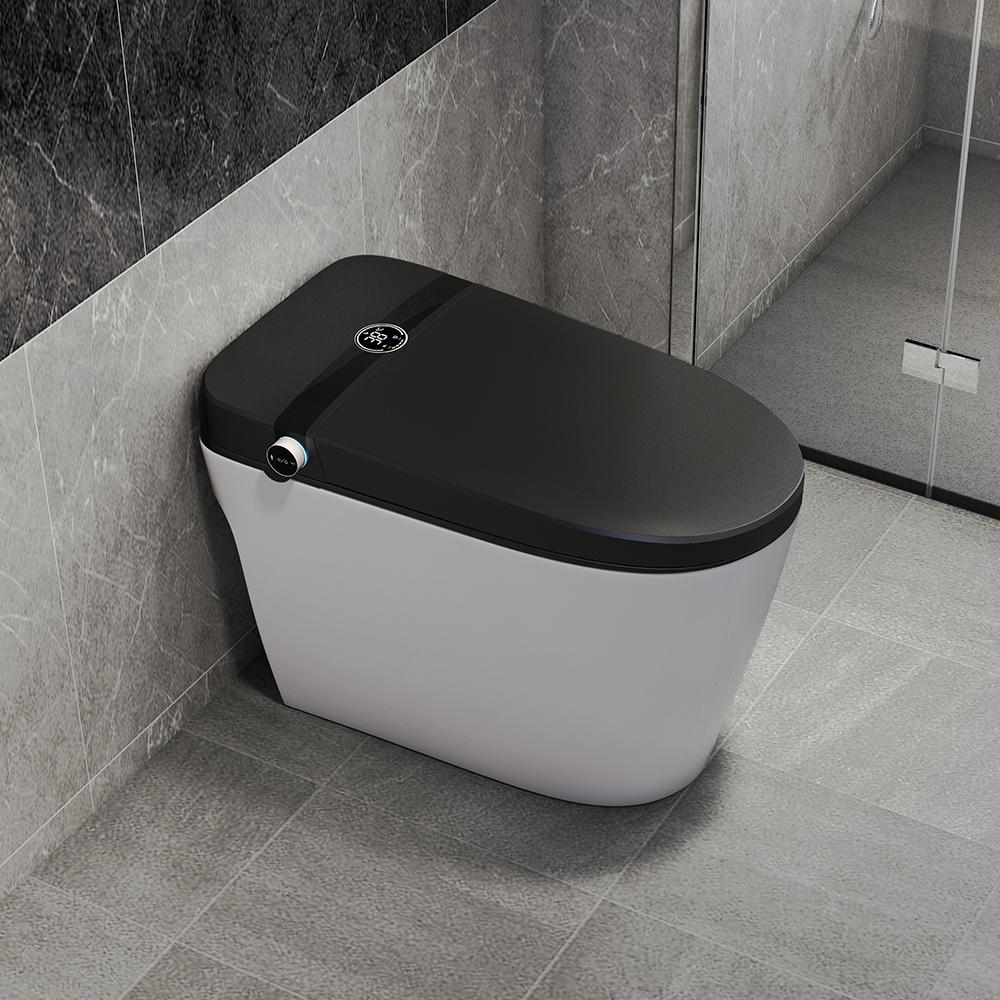 Elongated One-Piece Smart Toilet Floor Mounted Automatic Toilet in Black & Gold Rim