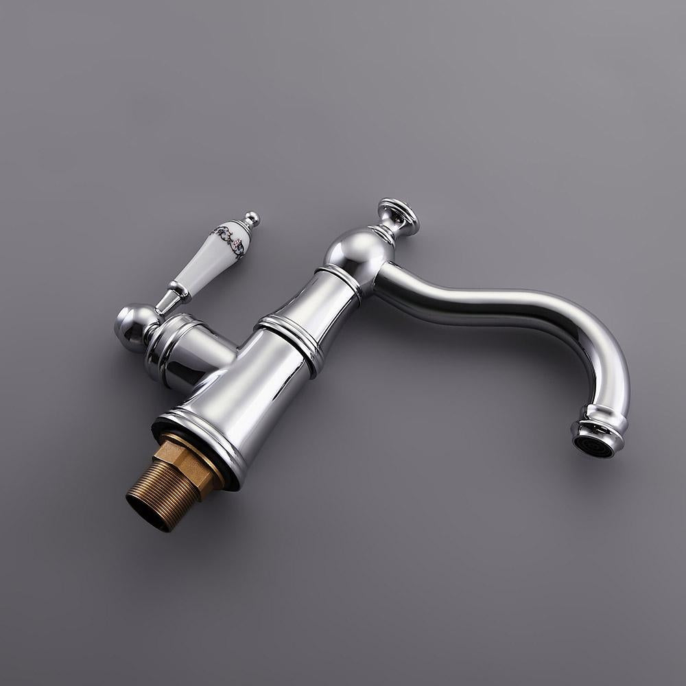 Karon Classic 1-Hole White Single Porcelain Lever Victorian Style Bathroom Sink Faucet in Polished Chrome Solid Brass