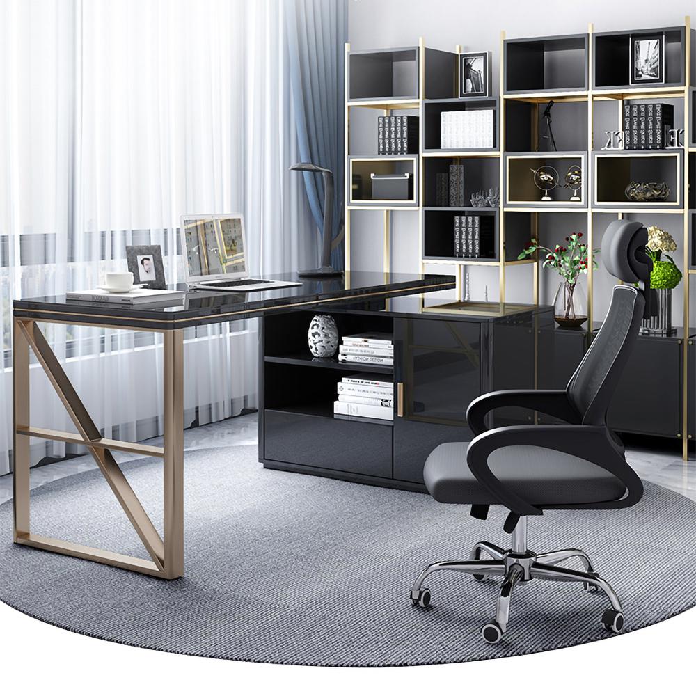 Modern 63" Black L-Shaped Desk Corner Computer Desk with Cabinet & Rich Storage in Gold